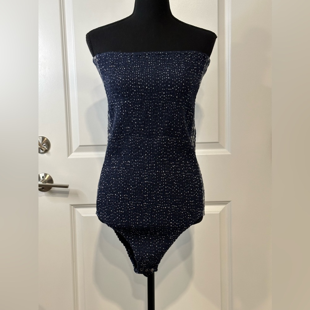 Rag & Bone Womens Aster Bodysuit Strapless Smocked Tube Navy Blue Dots Size 14